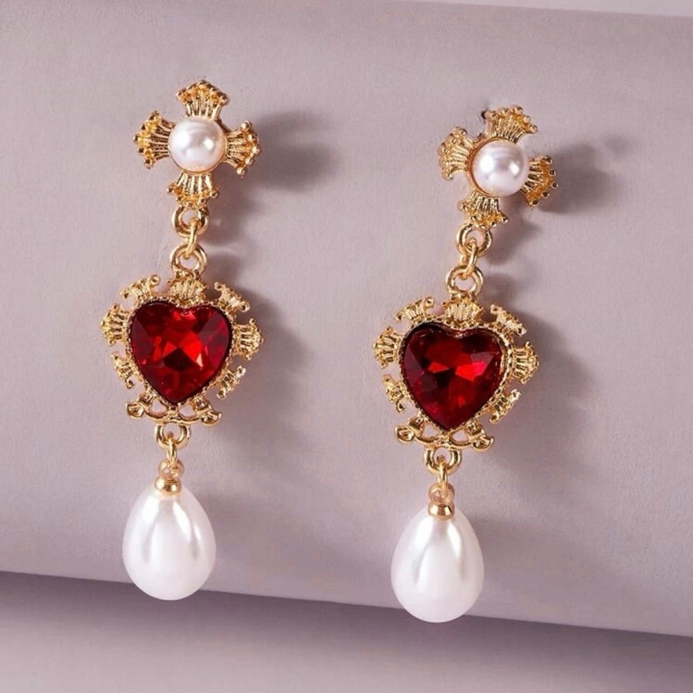 Red heart and pearl earrings- heart statement earrings- red earrings